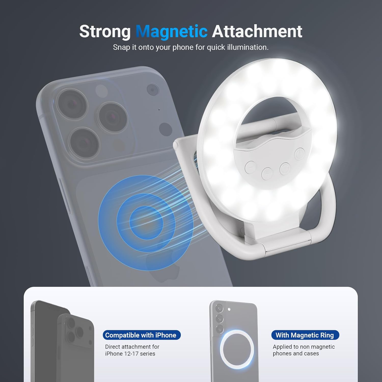 Magnetic Selfie Ring Light for iPhone – 4W Dual‑Color Foldable LED, 800mAh, CRI80+, for Recording, Makeup, Video Calls